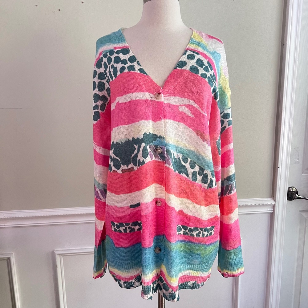 la miel Cardigan Small Oversized Distress Stripe Pink V‎ neck Sweater Art Cruise